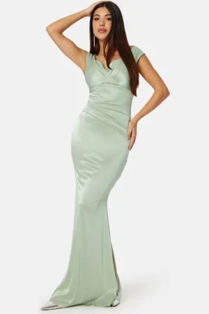 Goddiva Satin Bardot Pleat Maxi Dress L (UK14)