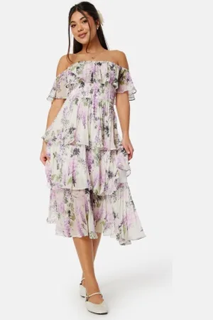 Goddiva Floral Bardot Pleated Midi Dress S (UK10)