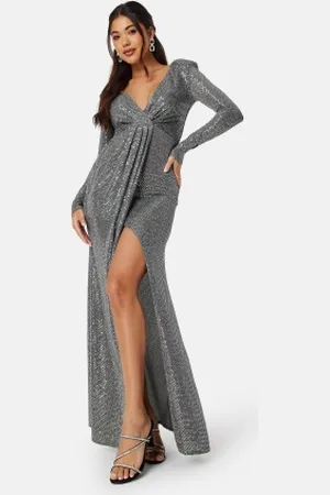 Goddiva Long Sleeve Sequin Maxi Dress With Split S (UK10)