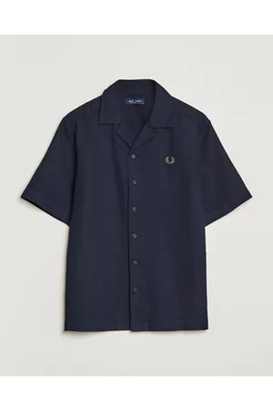 Fred Perry Miehet T-paidat - Woven Pique Short Sleeve Linen Shirt Navy