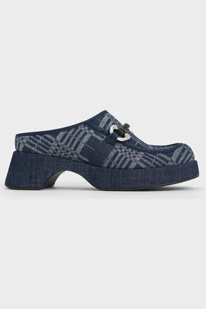 CHARLES & KEITH Denim Plaid Metallic Accent Platform Mules