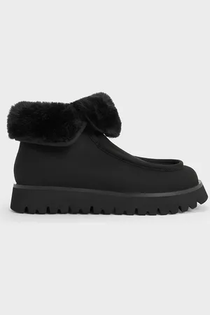 CHARLES & KEITH Textured Fur-Lined Ridged-Sole Ankle Boots