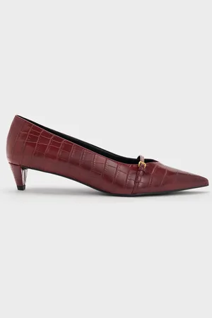 CHARLES & KEITH Croc-Effect Buckled Pointed-Toe Kitten-Heel Pumps