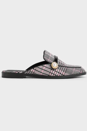 CHARLES & KEITH Plaid Pearl-Embellished Loafer Mules