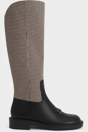 CHARLES & KEITH Gabine Leather Checkered Interlocking-Accent Knee-High Boots