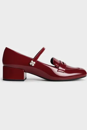 CHARLES & KEITH Patent Pearl-Embellished Flower-Buckle Mary Jane Loafers