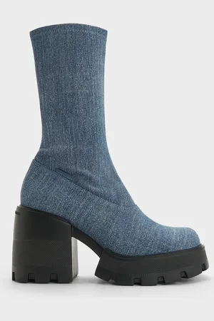 CHARLES & KEITH Denim Side-Zip Platform Calf Boots