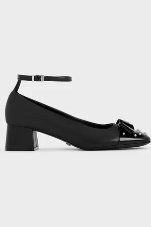 CHARLES & KEITH Pearl-Embellished Leather Bow Ankle-Strap Pumps
