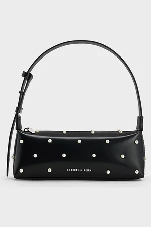 CHARLES & KEITH Pearl-Embellished Leather Top Handle Bag