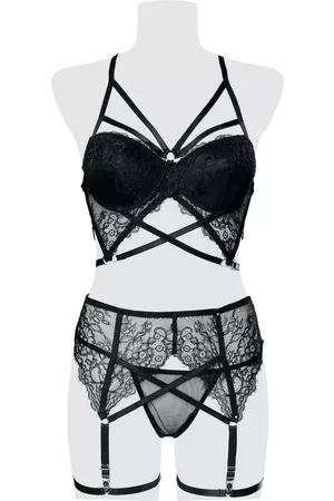 Grey Velvet Gootti Alusasut - 3-teiliges Spitzen Harness-Bra Set - S- XL - varten Naiset
