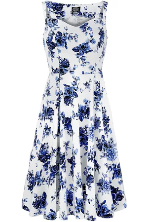 H&R London Rockabilly Keskipitkä mekko - Blue Rosaceae Swing Dress - S- 3XL - varten Naiset