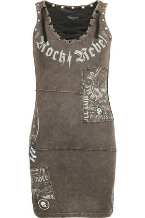 Rock Rebel Rock Lyhyt mekko - Mekko reikäniiteillä ja kangasmerkeillä - S- XL - varten Naiset