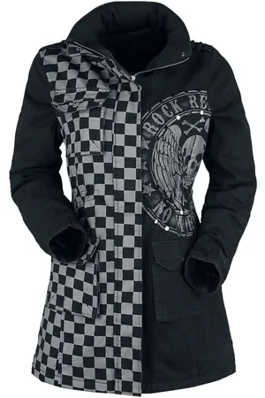 Rock Rebel Rock Talvitakki - Musta/harmaa takki painatuksella ja niiteillä - S- XL - varten Naiset