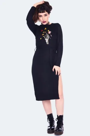 Jawbreaker Gootti Keskipitkä mekko - Dead Flowers Embroidered Knitted Midi Dress - XS- XL - varten Naiset