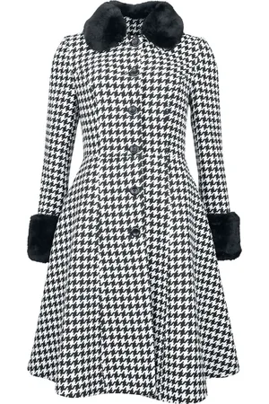 Voodoo Vixen Rockabilly Pitkät Takit - Houndstooth Faux Fur Trim Coat - XS- 4XL - varten Naiset