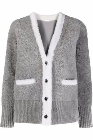 Thom Browne V-neck contrast-trim shearling cardigan jacket