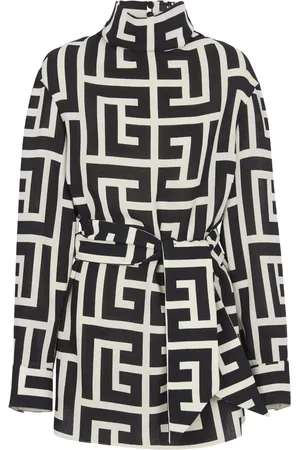 Balmain Monogram-pattern belted blouse