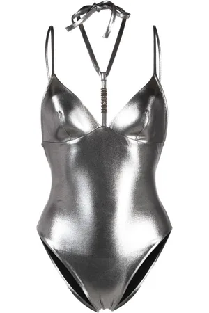 Metallic One Shoulder Cut Out Thong Swimsuit