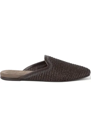 Brunello Cucinelli Monili-embellished raffia slippers