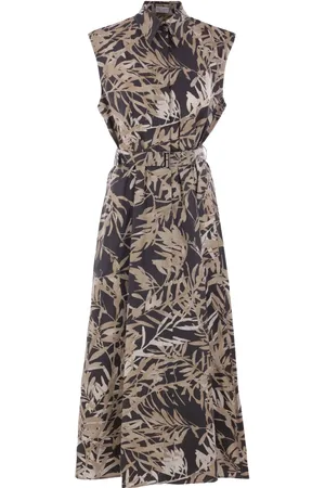 Brunello Cucinelli Leaf-print sleeveless cotton dress