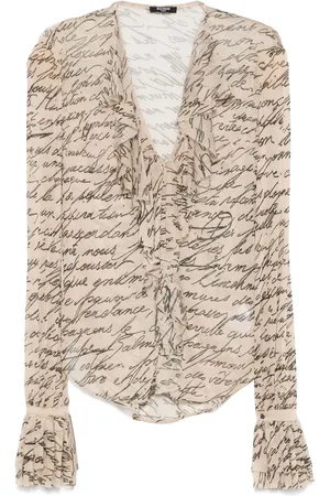 Balmain Love Letter-print ruffled blouse