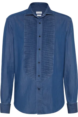 Brunello Cucinelli Denim pleated-bib tuxedo shirt