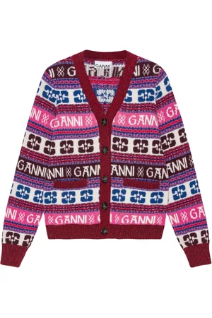 Ganni Intarsia-logo V-neck cardigan