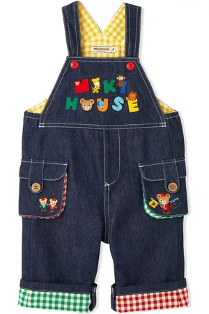 Miki House Embroidered-logo denim short dungarees