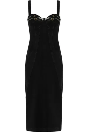 VERSACE Bucked-belts denim midi dress