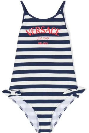 VERSACE Logo-print striped swimsuit