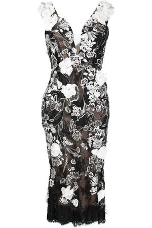 Marchesa Notte Floral-appliqu?? midi dress