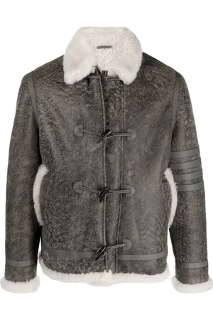 Thom Browne Shearling-trim cracked leather jacket