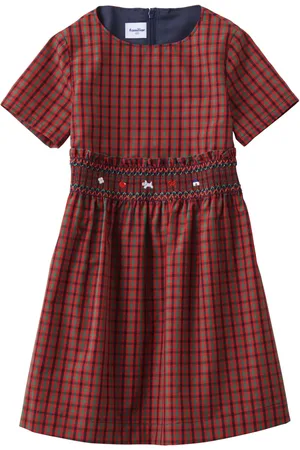 Familiar Checked smocking-detail midi dress