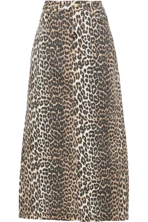 Ganni High-waisted leopard-print denim midi skirt