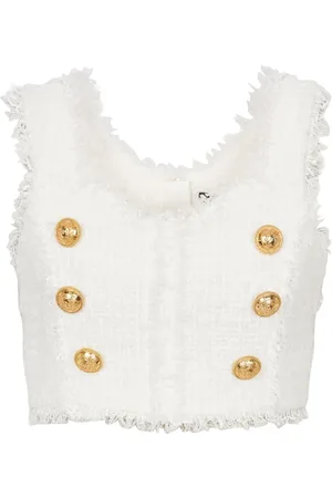 Balmain Button-detail tweed cropped top