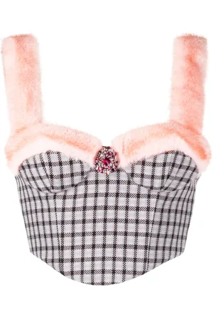 AREA Crystal-embellished faux-fur trim bustier