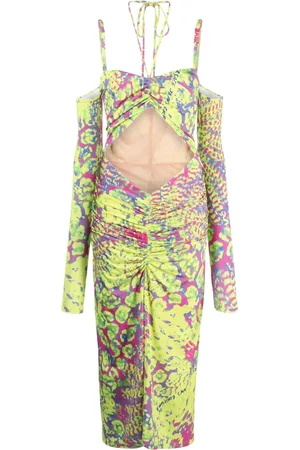 VERSACE Abstract-print off-shoulder midi dress