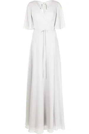 Marchesa Notte Draped-sleeve rear-cutout gown