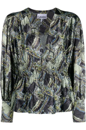 Ganni V-neck long-sleeve blouse