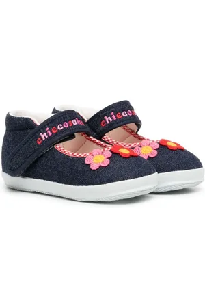 Miki House Floral-embroidery denim ballerina shoes