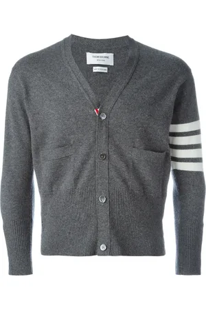 Thom Browne Short V-Neck Cardigan With 4-Bar Stripe In Medium Cashmere