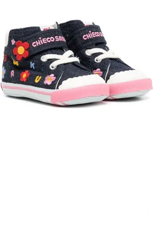 Miki House Floral-embroidered denim sneakers