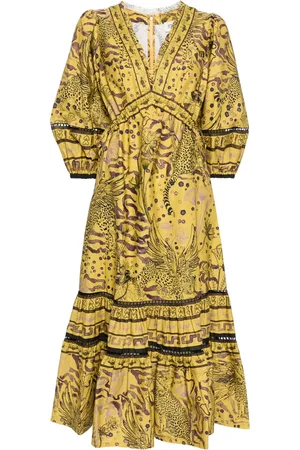 Marchesa Notte Flying Cheetah tiered midi dress