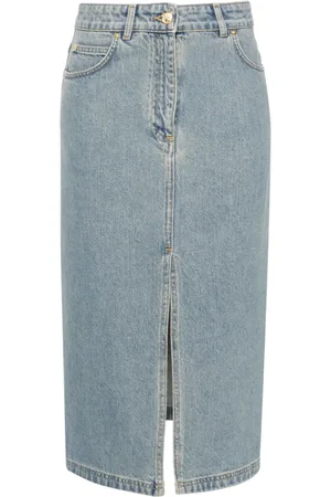 Moschino Teddy Bear-button denim midi skirt