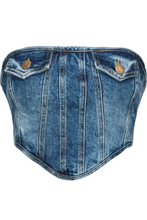 Pinko Corset-style washed denim strapless top