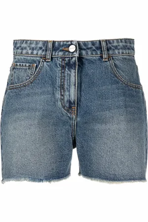 Palm Angels Palm tree-embroidered frayed denim shorts