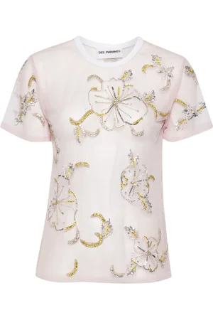 Des Phemmes Hibiscus-embroidered semi-sheer T-shirt