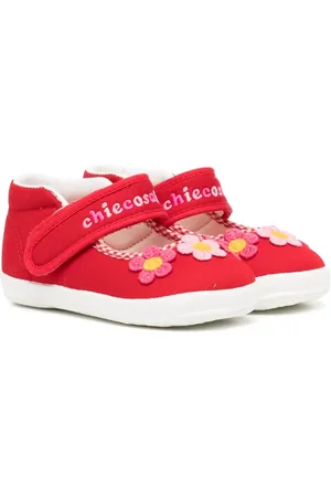 Miki House Floral-embroidery touch-strap ballerina shoes