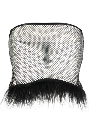 Patrizia Pepe Feather-trim rhinestone mesh top