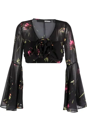 ROTATE Semi-sheer floral-print cropped blouse